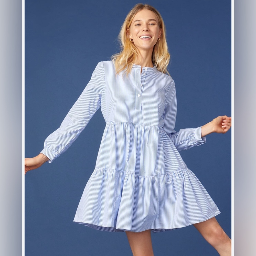 J Crew Striped Stretch Cotton Poplin Tiered Dress